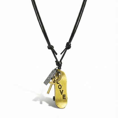 GOLDEN SKATE LOVE – 2-Inch Pure Stainless Steel Pendant with Adjustable Leather Rope for Men & Boys - THE MEN THING