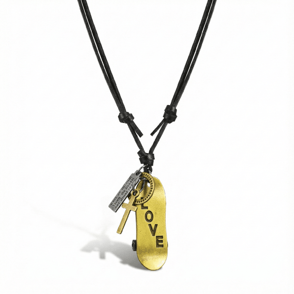 GOLDEN SKATE LOVE – 2-Inch Pure Stainless Steel Pendant with Adjustable Leather Rope for Men & Boys