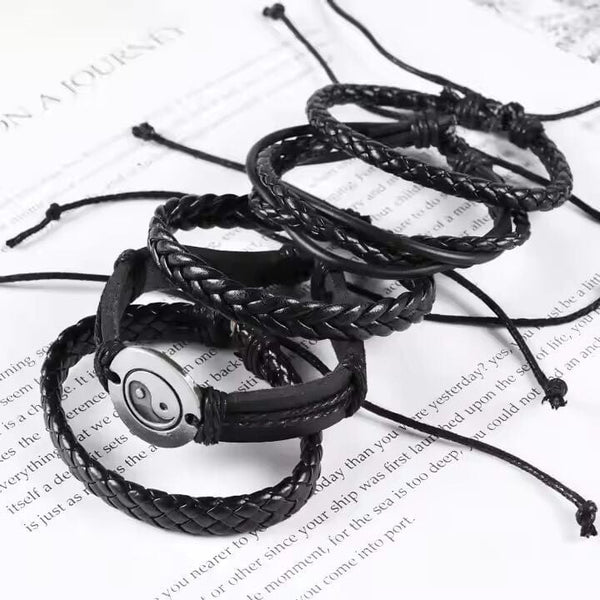 GOLIATH KNOT -  5 Pcs Genuine Braided Leather Bracelet Set for Men & Boys (8 inch)