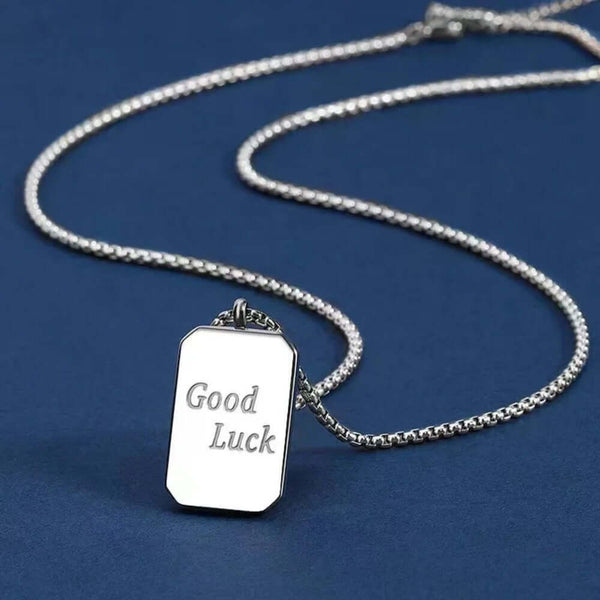 GOOD LUCK DOG TAG - 21mm Pure Titanium Steel Pendant with 23inch Round Box 4mm Chain for Men & Boys