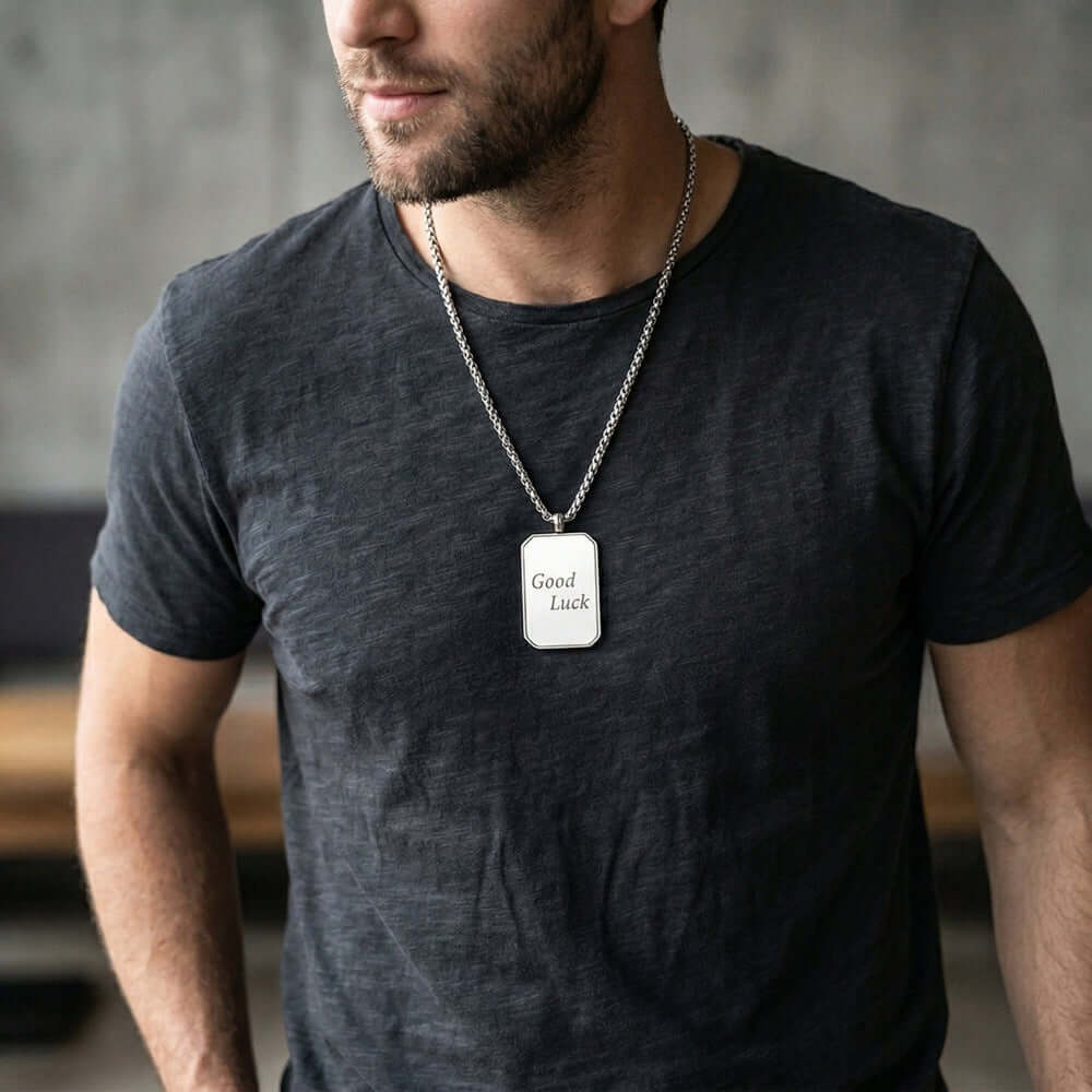 GOOD LUCK DOG TAG - 21mm Pure Titanium Steel Pendant with 23inch Round Box 4mm Chain for Men & Boys — SS Pendant/ Necklace for Men | THE MEN THING