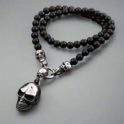 GOTHIC SKULL - Premium Titanium Steel Pendant - 8mm Black Natural Onyx Beads - 24inch Chain for Men & Boys - THE MEN THING