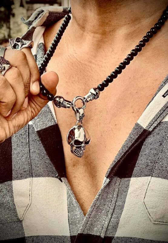 GOTHIC SKULL - Premium Titanium Steel Pendant - 8mm Black Natural Onyx Beads - 24inch Chain for Men & Boys - THE MEN THING