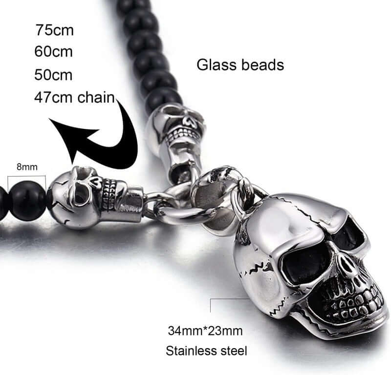 GOTHIC SKULL - Premium Titanium Steel Pendant - 8mm Black Natural Onyx Beads - 24inch Chain for Men & Boys - THE MEN THING