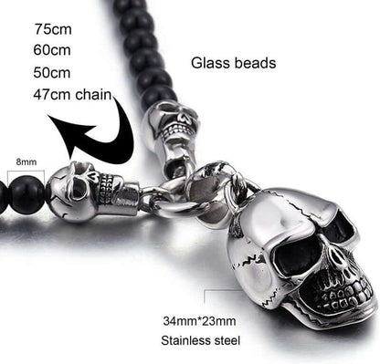 GOTHIC SKULL - Premium Titanium Steel Pendant - 8mm Black Natural Onyx Beads - 24inch Chain for Men & Boys - THE MEN THING