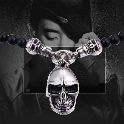 GOTHIC SKULL - Premium Titanium Steel Pendant - 8mm Black Natural Onyx Beads - 24inch Chain for Men & Boys - THE MEN THING