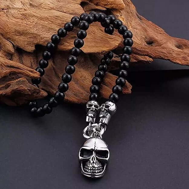GOTHIC SKULL - Premium Titanium Steel Pendant - 8mm Black Natural Onyx Beads - 24inch Chain for Men & Boys - THE MEN THING