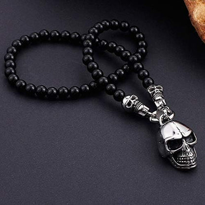 GOTHIC SKULL - Premium Titanium Steel Pendant - 8mm Black Natural Onyx Beads - 24inch Chain for Men & Boys - THE MEN THING