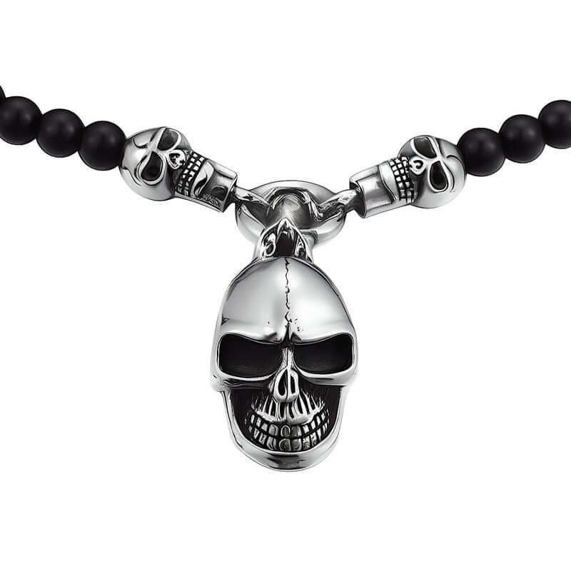 GOTHIC SKULL - Premium Titanium Steel Pendant - 8mm Black Natural Onyx Beads - 24inch Chain for Men & Boys - THE MEN THING