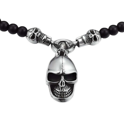 GOTHIC SKULL - Premium Titanium Steel Pendant - 8mm Black Natural Onyx Beads - 24inch Chain for Men & Boys - THE MEN THING