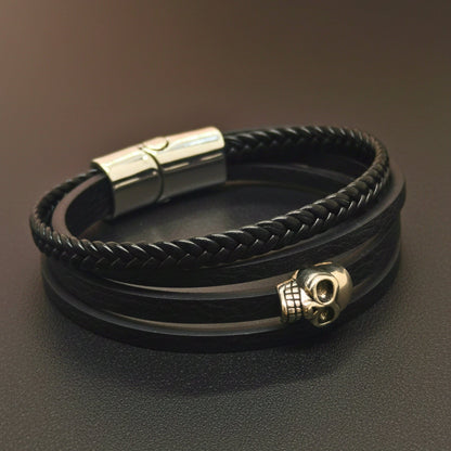 GRIM REAPER - Black 25mm Genuine Leather Multi-Layer Braided Bracelet with Stainless Steel Magnetic Buckle for Men & Boys (8 inch) - THE MEN THING