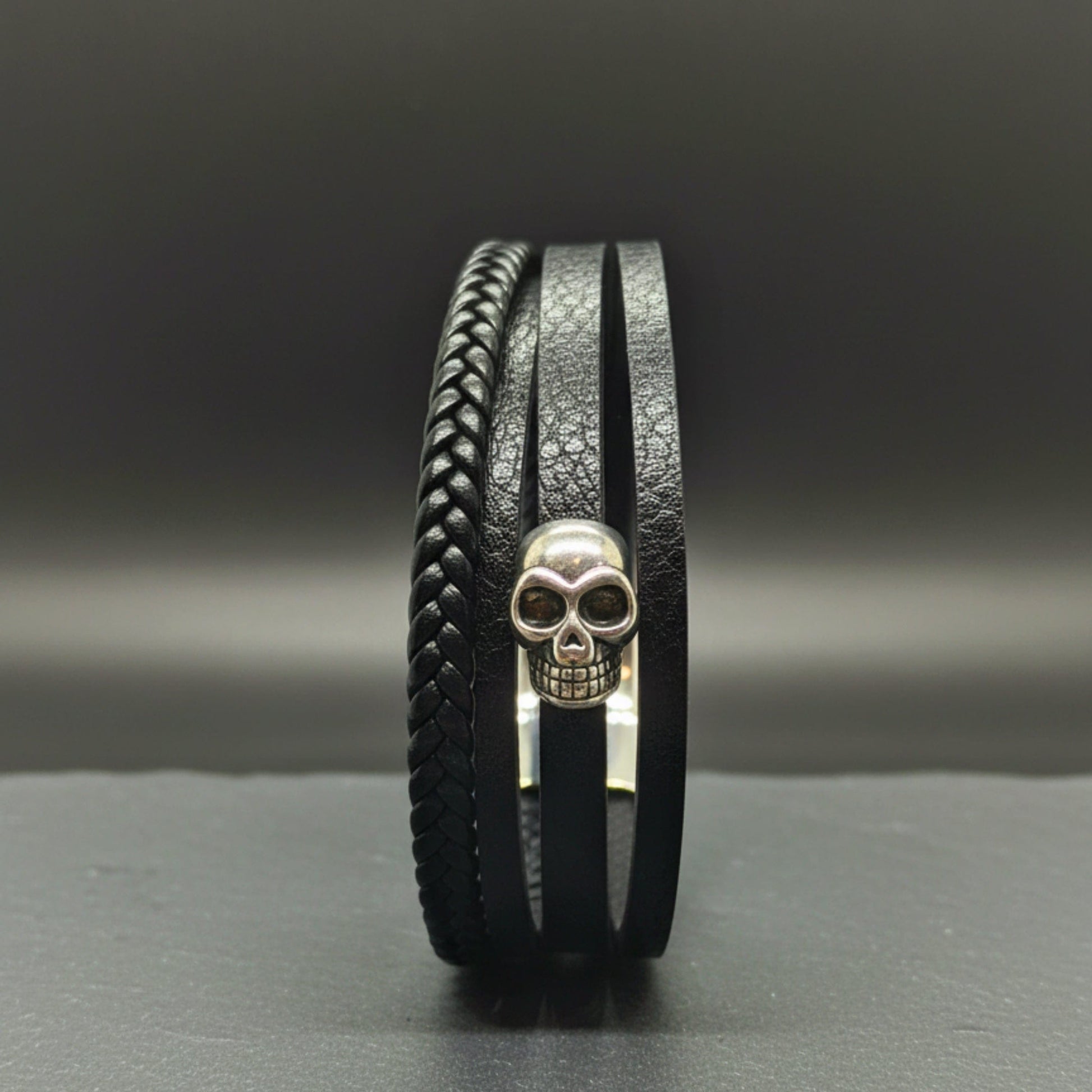 GRIM REAPER - Black 25mm Genuine Leather Multi-Layer Braided Bracelet with Stainless Steel Magnetic Buckle for Men & Boys (8 inch) - THE MEN THING