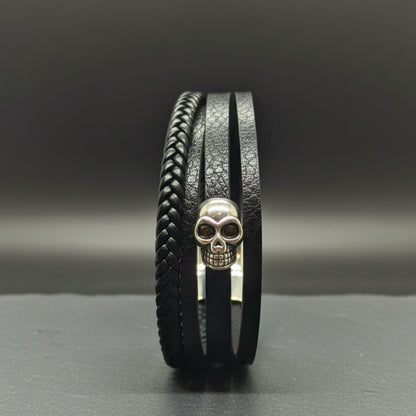 GRIM REAPER - Black 25mm Genuine Leather Multi-Layer Braided Bracelet with Stainless Steel Magnetic Buckle for Men & Boys (8 inch) - THE MEN THING