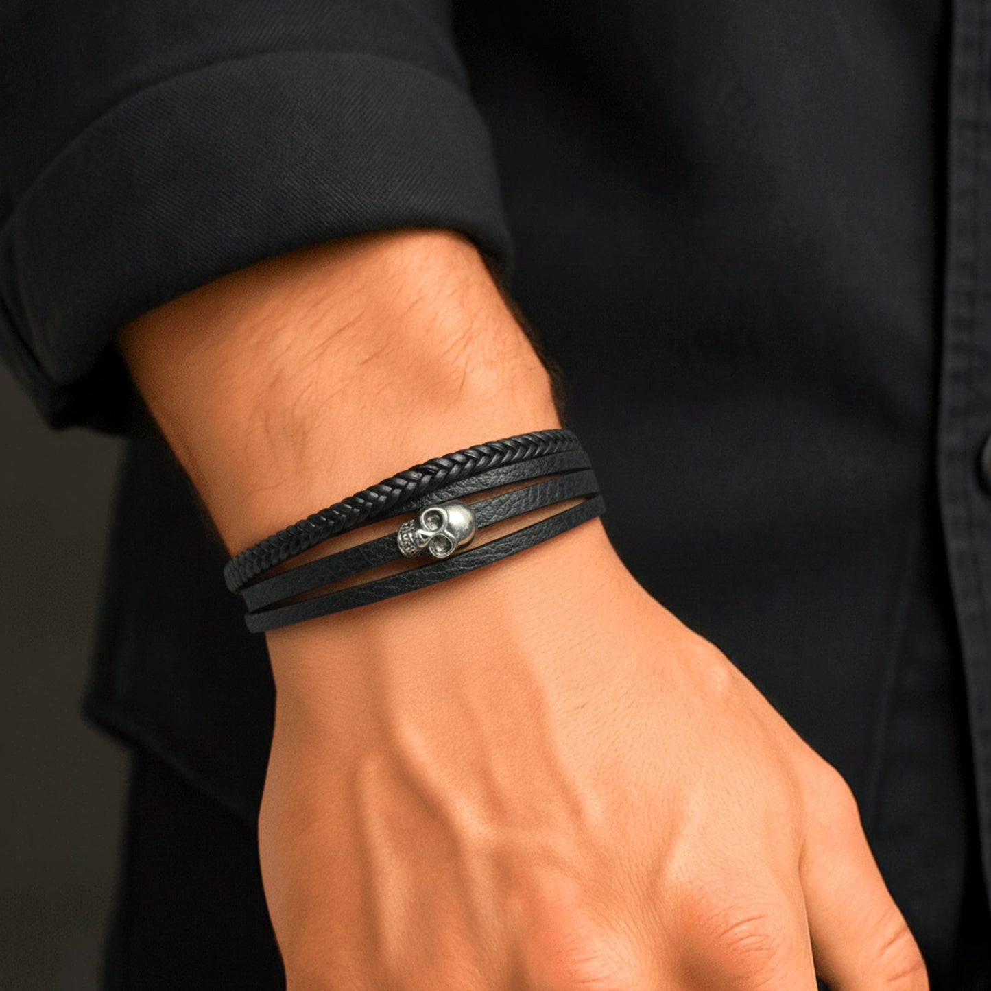 GRIM REAPER - Black 25mm Genuine Leather Multi-Layer Braided Bracelet with Stainless Steel Magnetic Buckle for Men & Boys (8 inch) - THE MEN THING