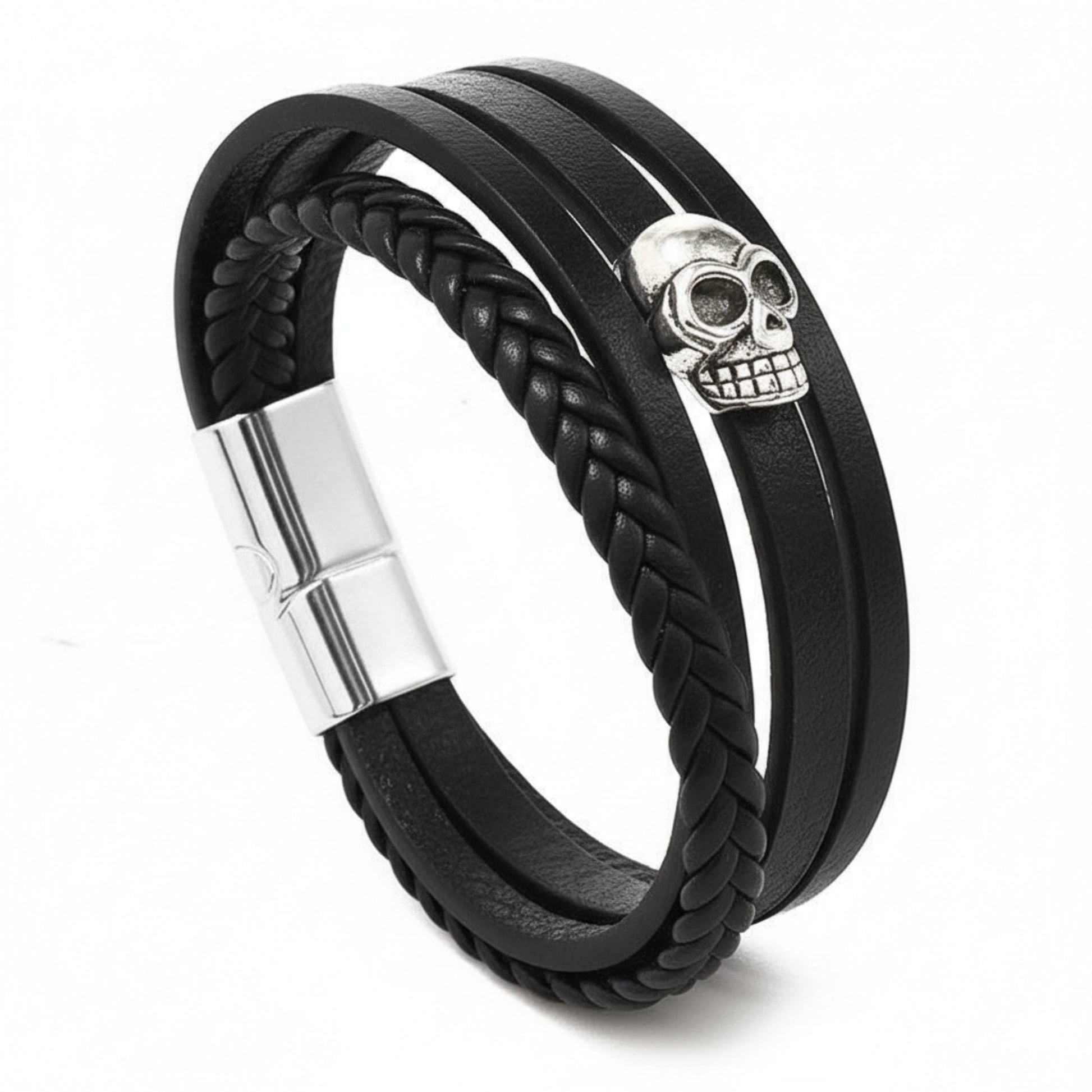 GRIM REAPER - Black 25mm Genuine Leather Multi-Layer Braided Bracelet with Stainless Steel Magnetic Buckle for Men & Boys (8 inch) - THE MEN THING