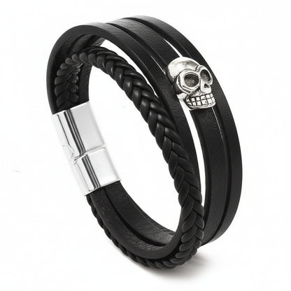 GRIM REAPER - Black 25mm Genuine Leather Multi-Layer Braided Bracelet with Stainless Steel Magnetic Buckle for Men & Boys (8 inch) - THE MEN THING