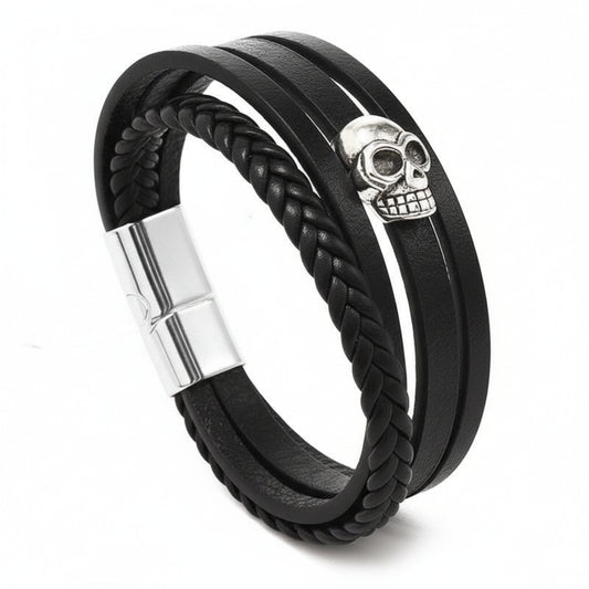 GRIM REAPER - Black 25mm Genuine Leather Multi-Layer Braided Bracelet with Stainless Steel Magnetic Buckle for Men & Boys (8 inch) - THE MEN THING