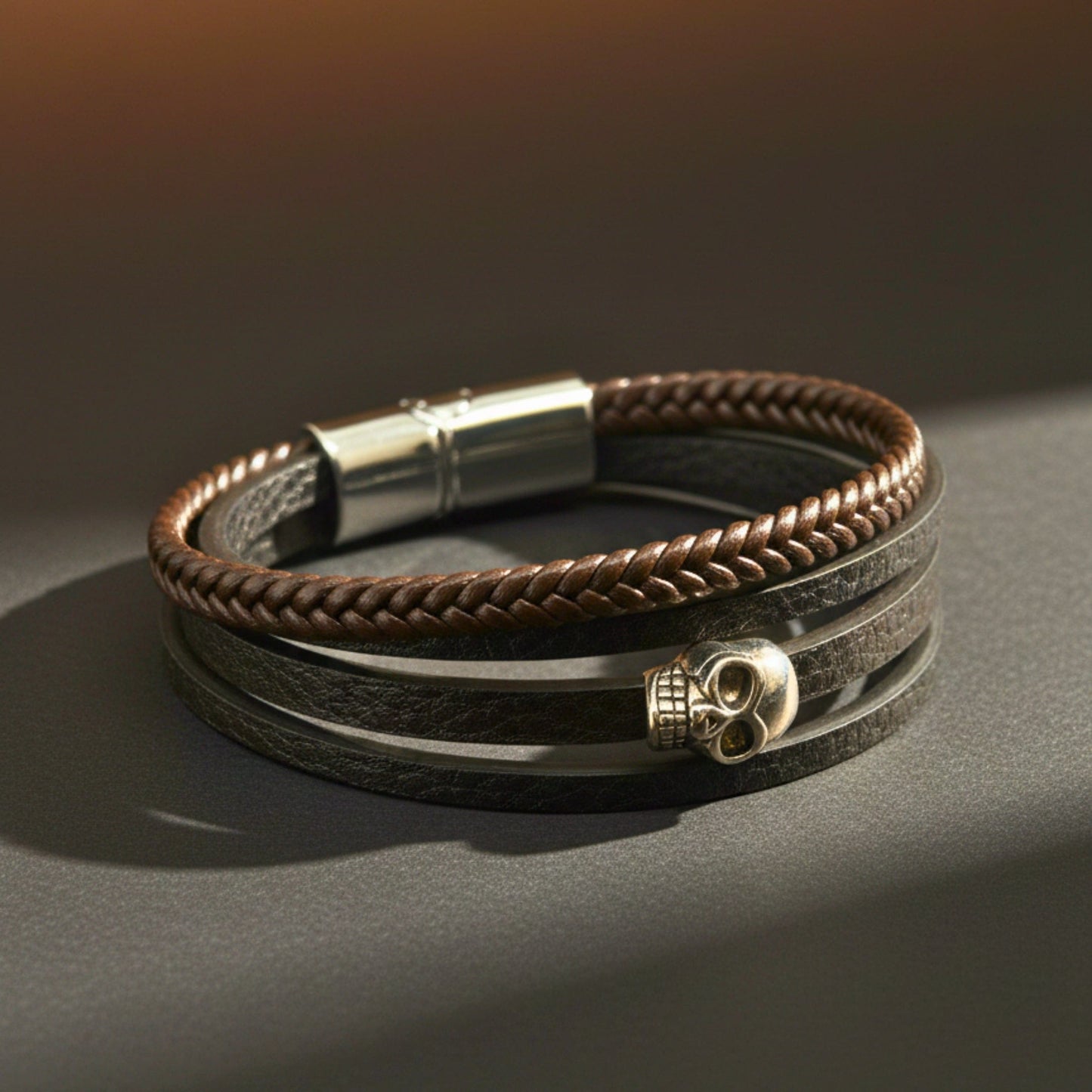 GRIM REAPER - Dark Brown 20mm Genuine Leather Multi-Layer Braided Bracelet with Stainless Steel Magnetic Buckle for Men & Boys (8inch) - THE MEN THING