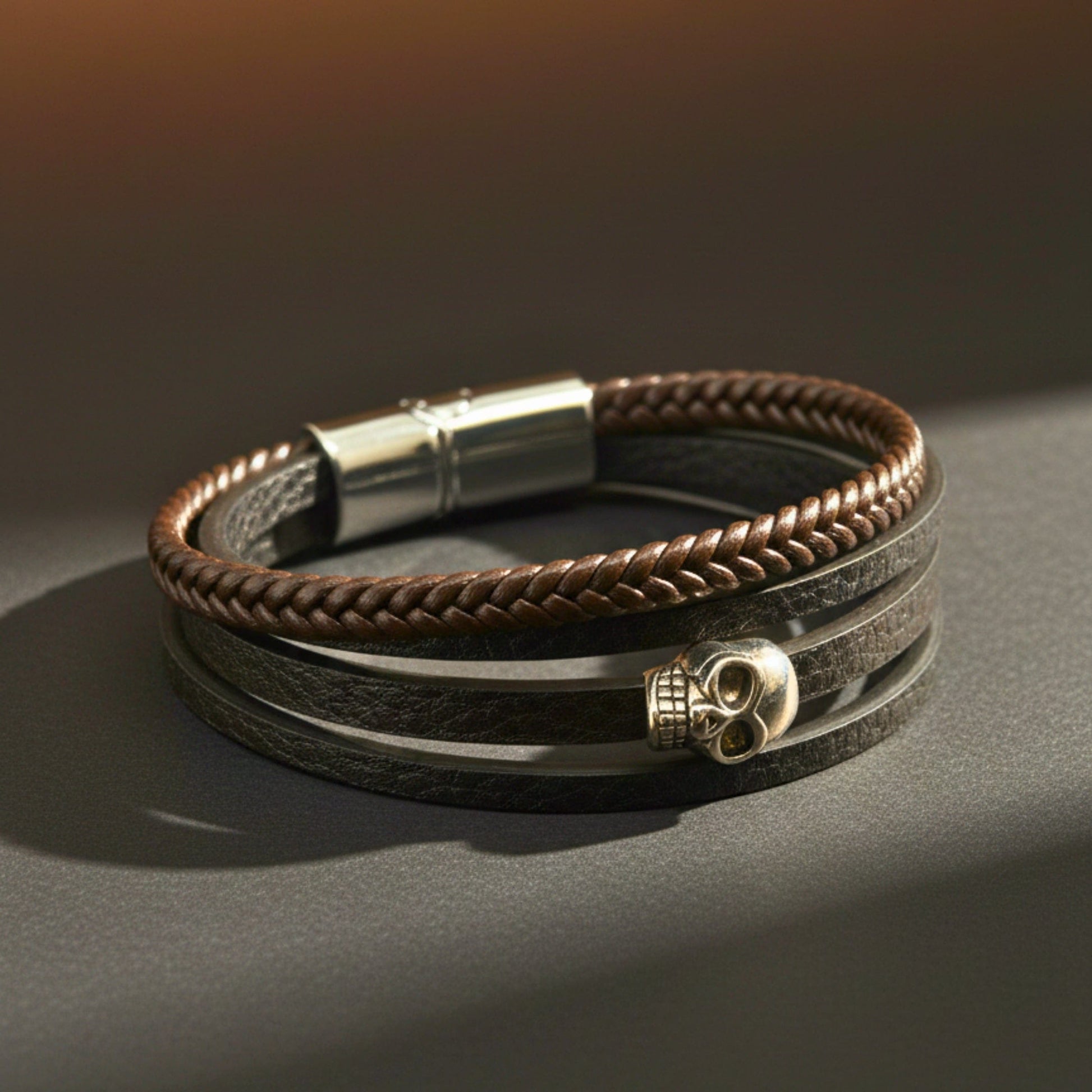 GRIM REAPER - Dark Brown 20mm Genuine Leather Multi-Layer Braided Bracelet with Stainless Steel Magnetic Buckle for Men & Boys (8inch) - THE MEN THING