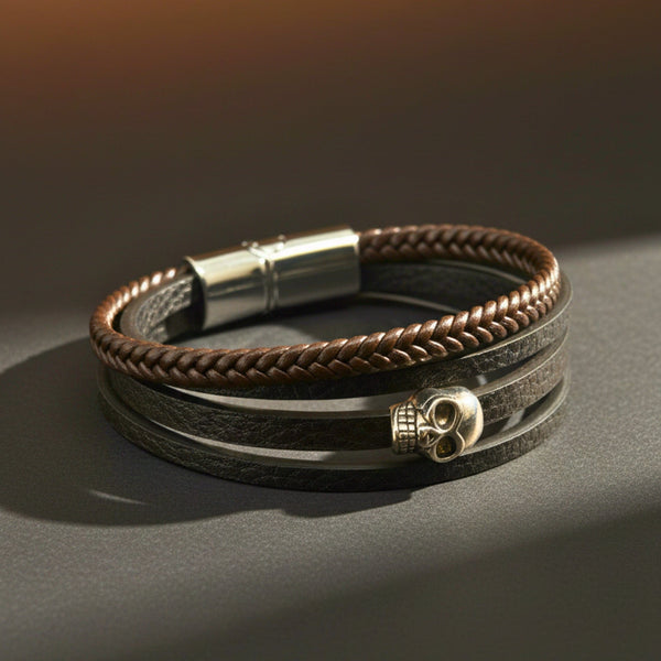 GRIM REAPER - Dark Brown 20mm Genuine Leather Multi-Layer Braided Bracelet with Stainless Steel Magnetic Buckle for Men & Boys (8inch)