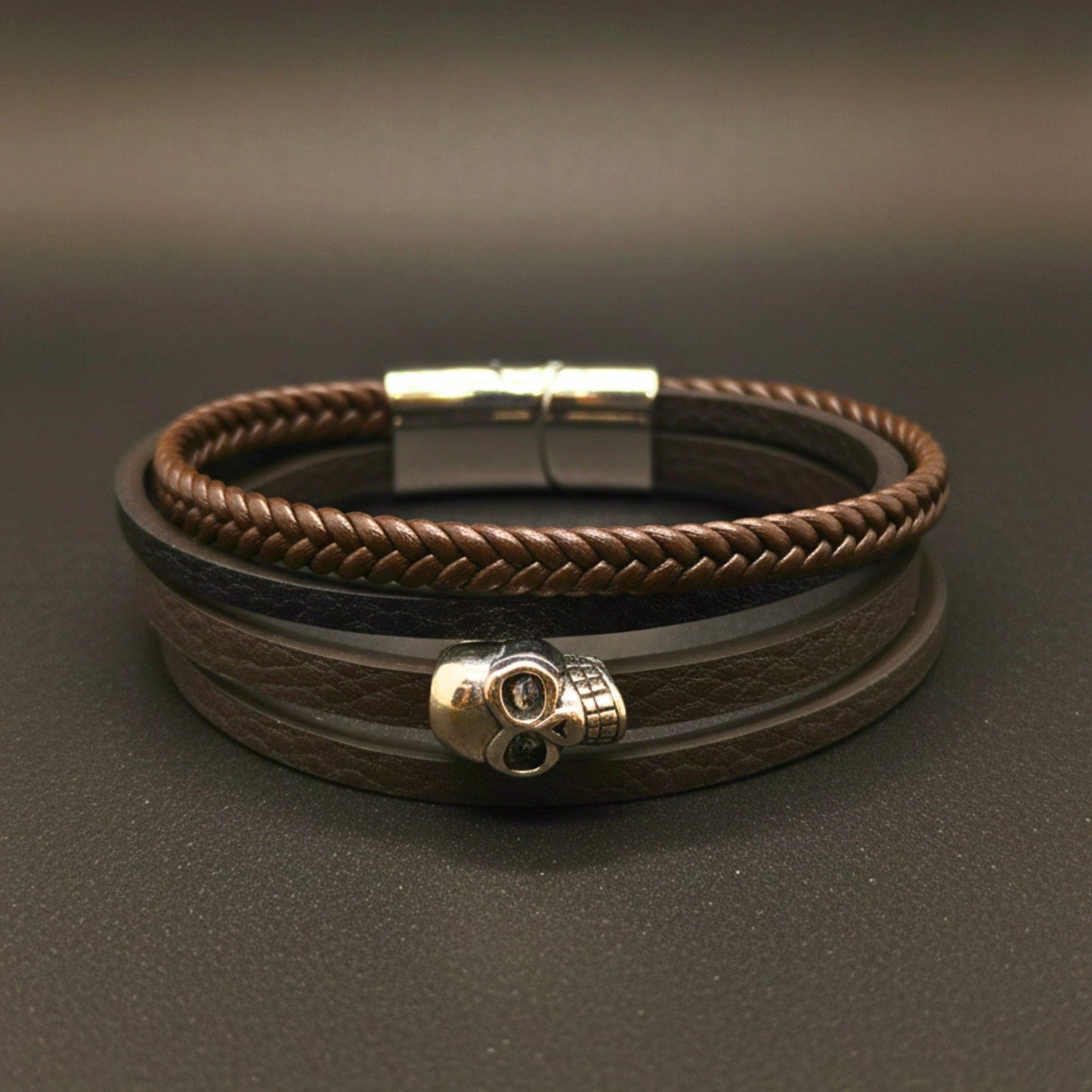 GRIM REAPER - Dark Brown 20mm Genuine Leather Multi-Layer Braided Bracelet with Stainless Steel Magnetic Buckle for Men & Boys (8inch) - THE MEN THING