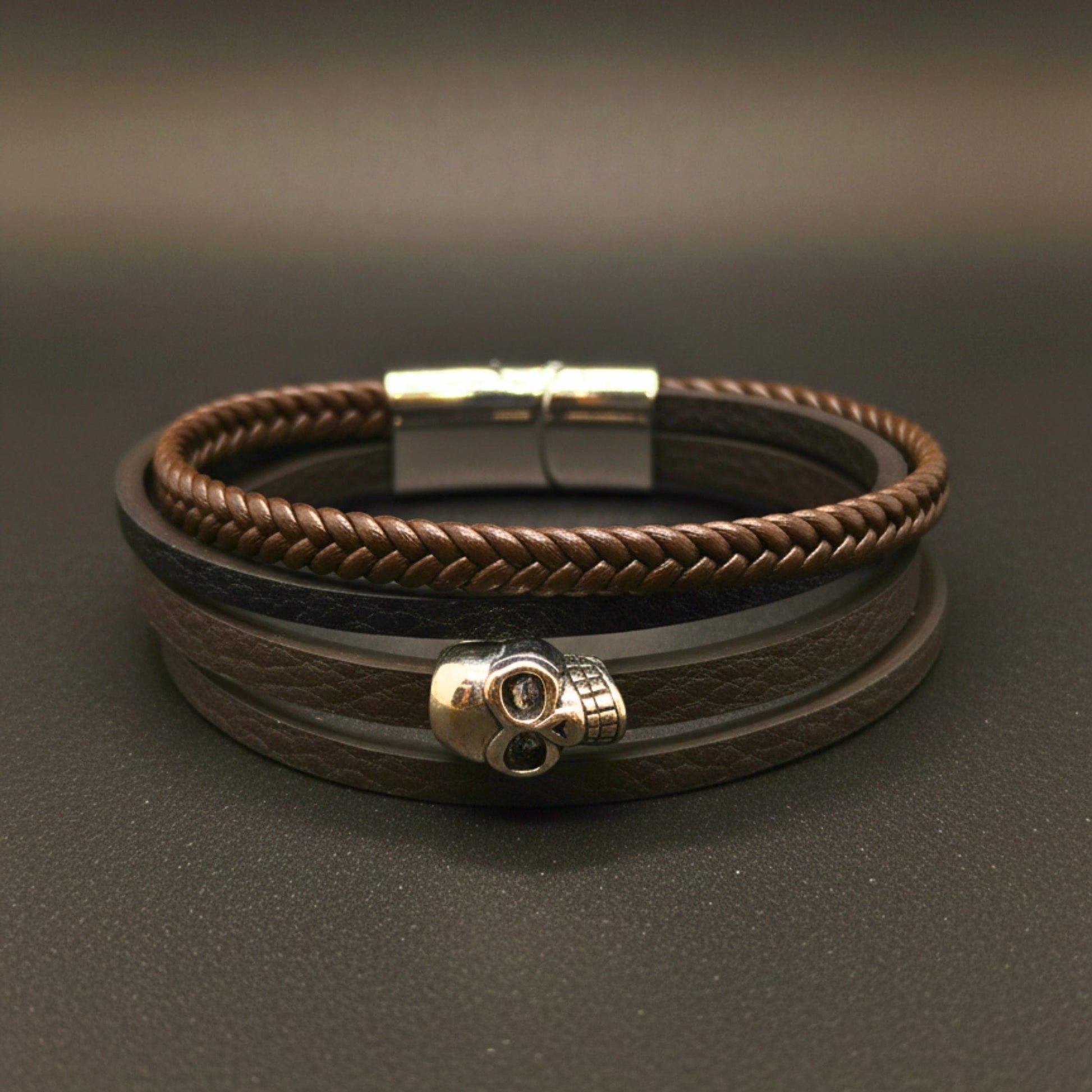 GRIM REAPER - Dark Brown 20mm Genuine Leather Multi-Layer Braided Bracelet with Stainless Steel Magnetic Buckle for Men & Boys (8inch) - THE MEN THING
