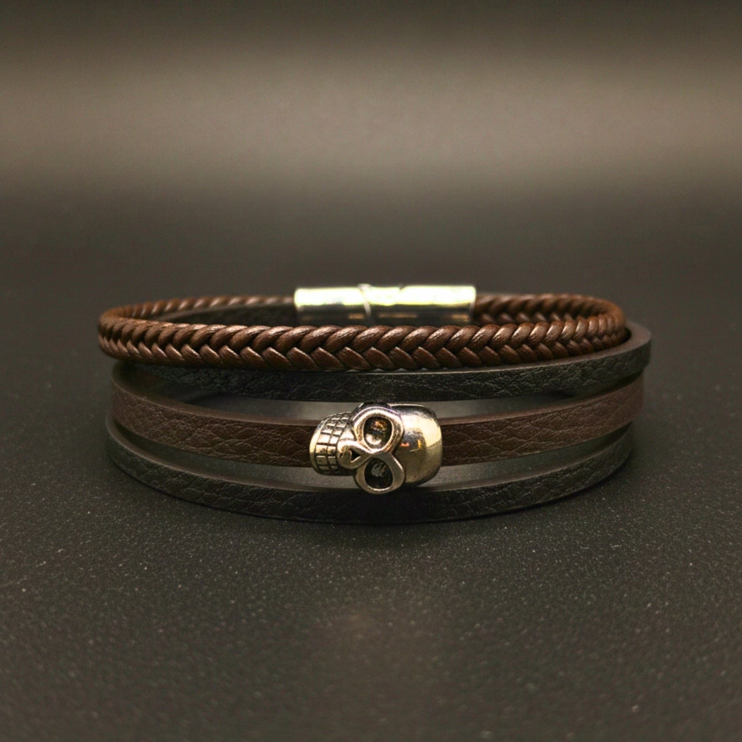 GRIM REAPER - Dark Brown 20mm Genuine Leather Multi-Layer Braided Bracelet with Stainless Steel Magnetic Buckle for Men & Boys (8inch) - THE MEN THING