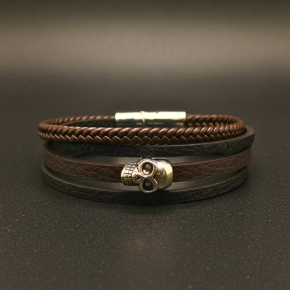 GRIM REAPER - Dark Brown 20mm Genuine Leather Multi-Layer Braided Bracelet with Stainless Steel Magnetic Buckle for Men & Boys (8inch) - THE MEN THING