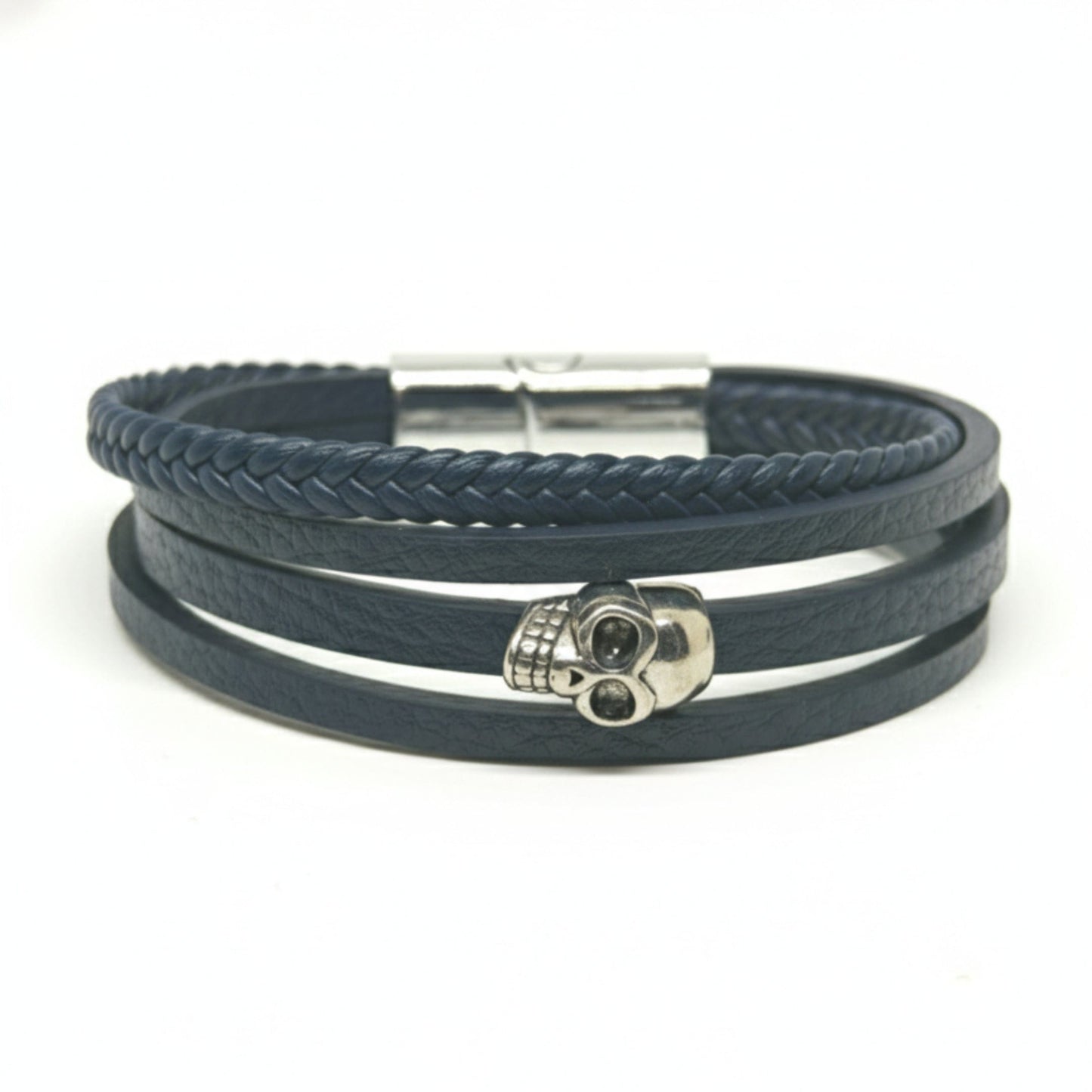 GRIM REAPER - Navy Blue 20mm Genuine Leather Multi-Layer Braided Bracelet with Stainless Steel Magnetic Buckle for Men & Boys (8inch) - THE MEN THING