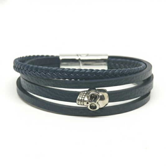 GRIM REAPER - Navy Blue 20mm Genuine Leather Multi-Layer Braided Bracelet with Stainless Steel Magnetic Buckle for Men & Boys (8inch) - THE MEN THING