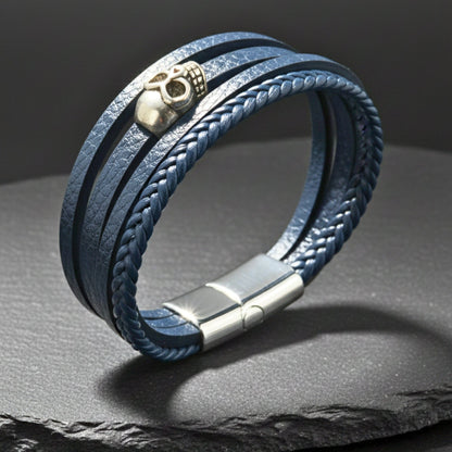 GRIM REAPER - Navy Blue 20mm Genuine Leather Multi-Layer Braided Bracelet with Stainless Steel Magnetic Buckle for Men & Boys (8inch) - THE MEN THING