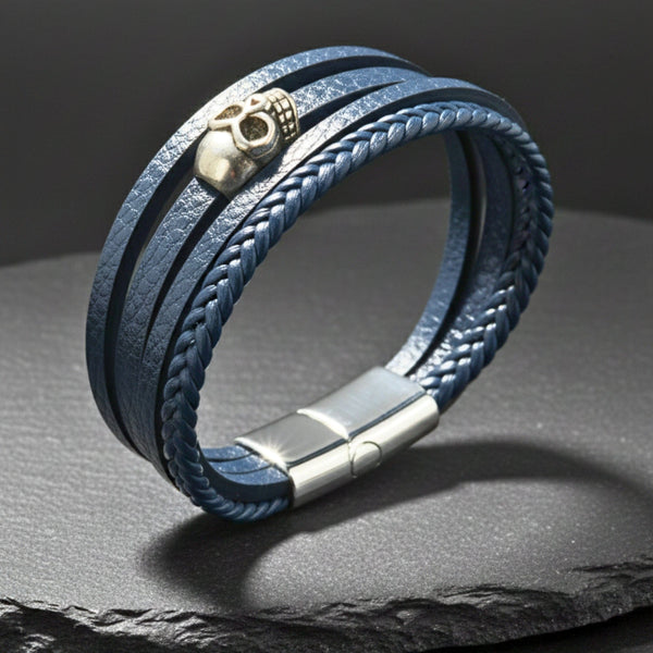 GRIM REAPER - Navy Blue 20mm Genuine Leather Multi-Layer Braided Bracelet with Stainless Steel Magnetic Buckle for Men & Boys (8inch)