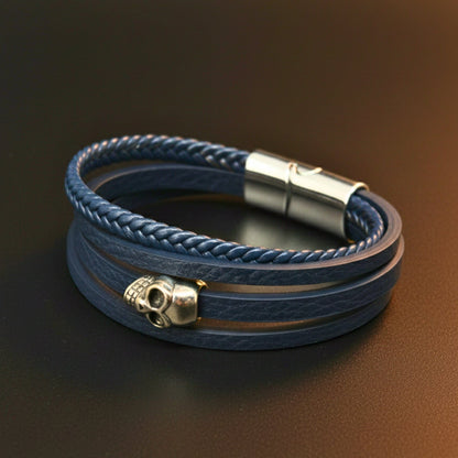GRIM REAPER - Navy Blue 20mm Genuine Leather Multi-Layer Braided Bracelet with Stainless Steel Magnetic Buckle for Men & Boys (8inch) - THE MEN THING