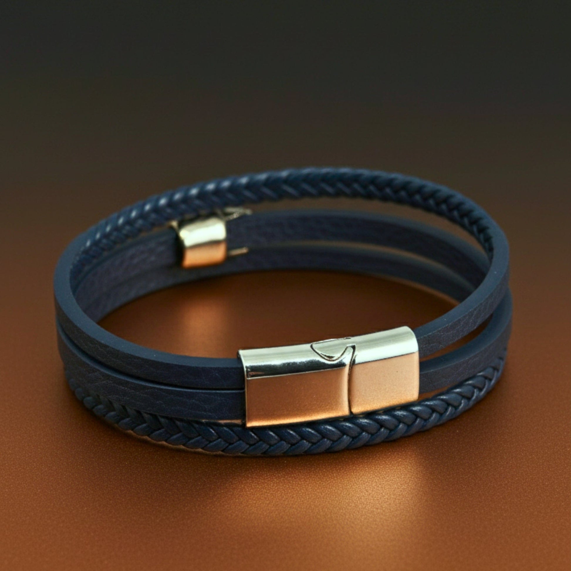 GRIM REAPER - Navy Blue 20mm Genuine Leather Multi-Layer Braided Bracelet with Stainless Steel Magnetic Buckle for Men & Boys (8inch) - THE MEN THING