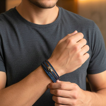 GRIM REAPER - Navy Blue 20mm Genuine Leather Multi-Layer Braided Bracelet with Stainless Steel Magnetic Buckle for Men & Boys (8inch) - THE MEN THING
