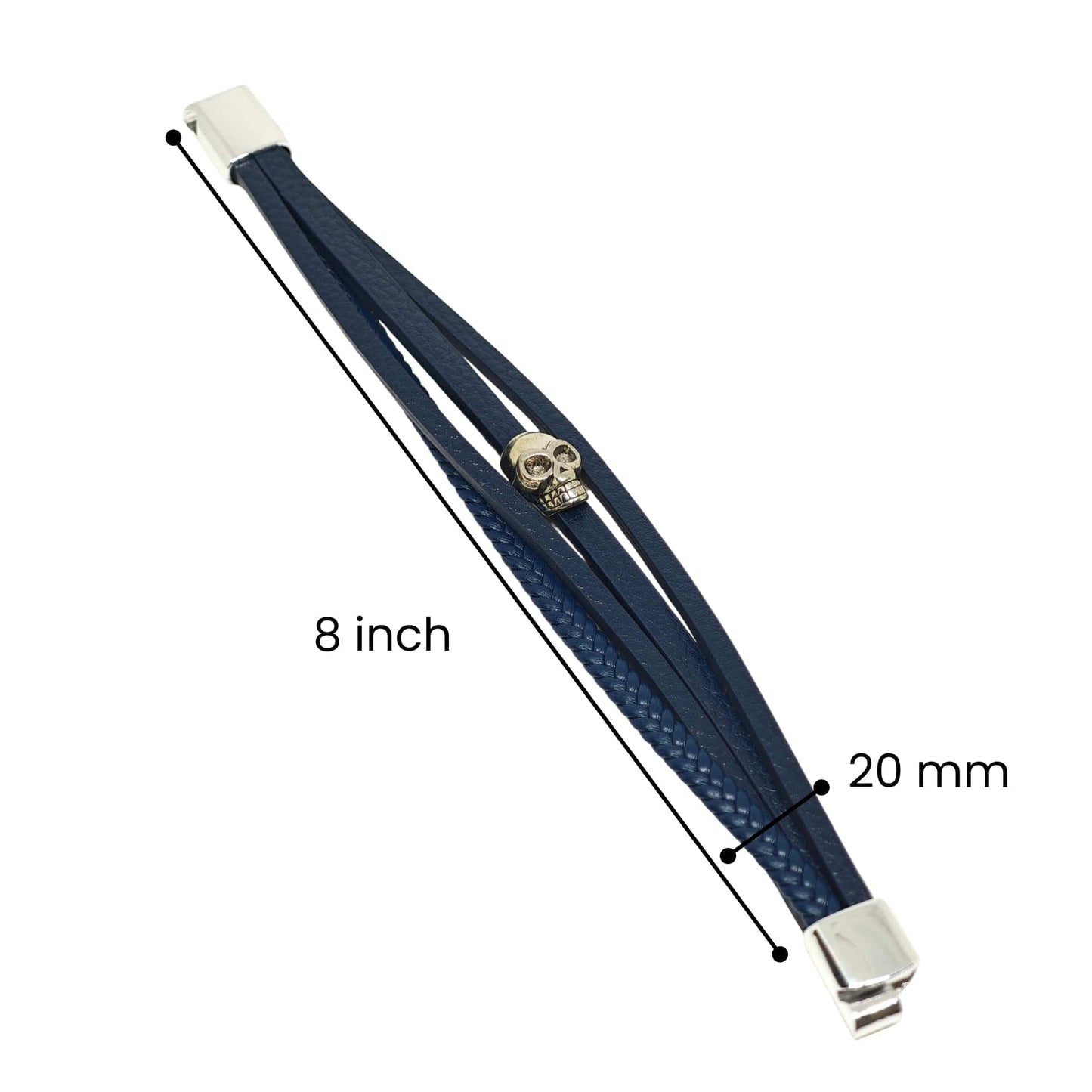GRIM REAPER - Navy Blue 20mm Genuine Leather Multi-Layer Braided Bracelet with Stainless Steel Magnetic Buckle for Men & Boys (8inch) - THE MEN THING