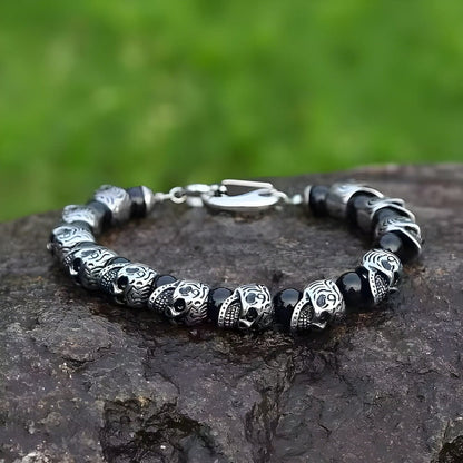 GRIM SKULL - Black Agate - 8inch Pure Stainless Steel Bracelet for Men & Boy - THE MEN THING