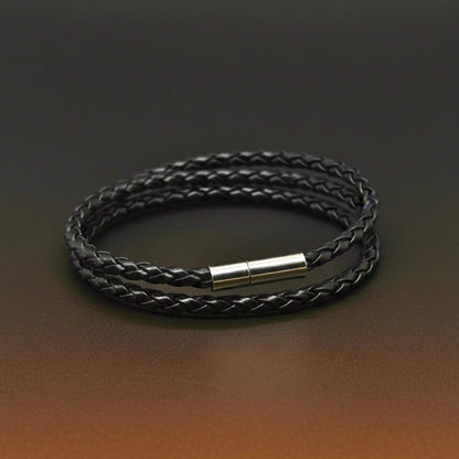 GRIMOAK TWIST - Black 5mm Genuine Leather Bracelet with Stainless Steel Magnetic Barrel Push Clasp for Men & Boys (24 inch) - THE MEN THING