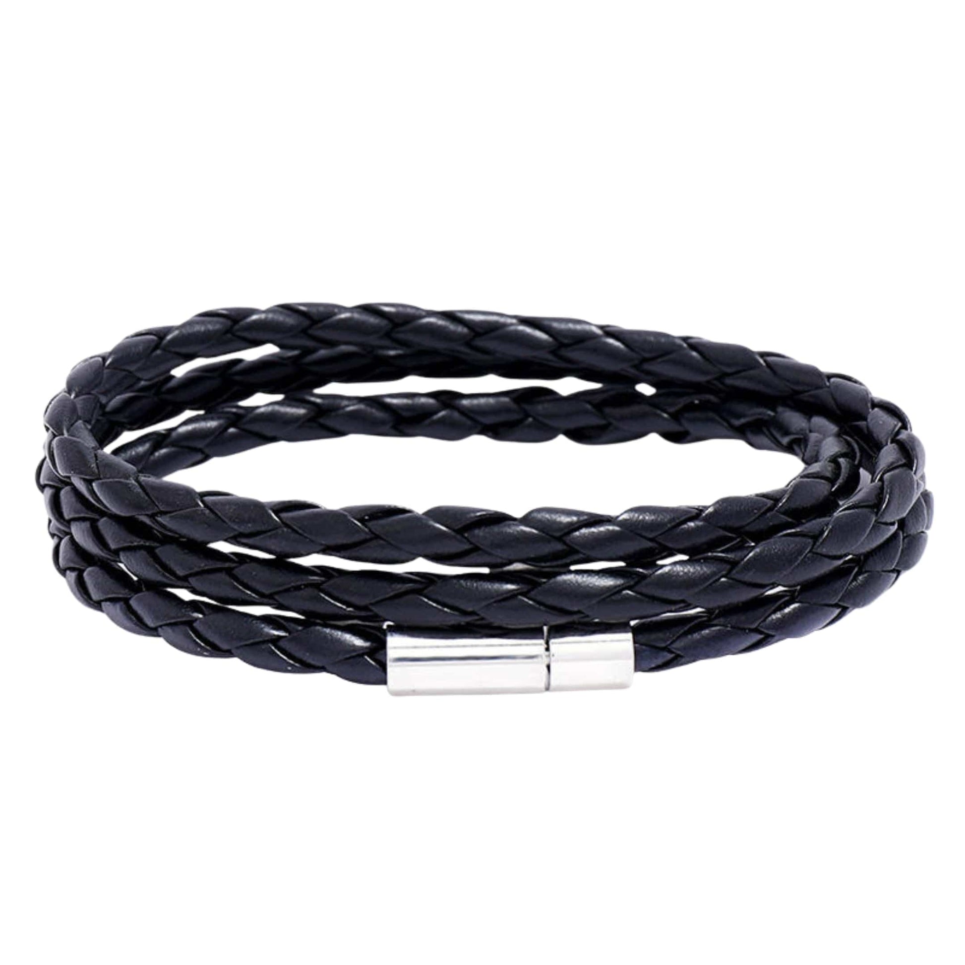 GRIMOAK TWIST - Black 5mm Genuine Leather Bracelet with Stainless Steel Magnetic Barrel Push Clasp for Men & Boys (24 inch) - THE MEN THING