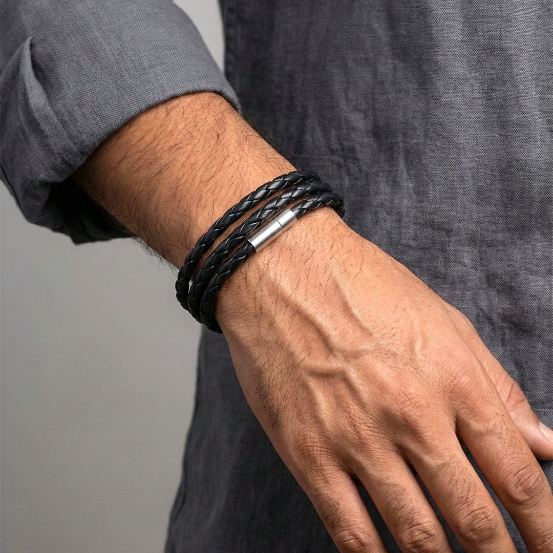 GRIMOAK TWIST - Black 5mm Genuine Leather Bracelet with Stainless Steel Magnetic Barrel Push Clasp for Men & Boys (24 inch) - THE MEN THING