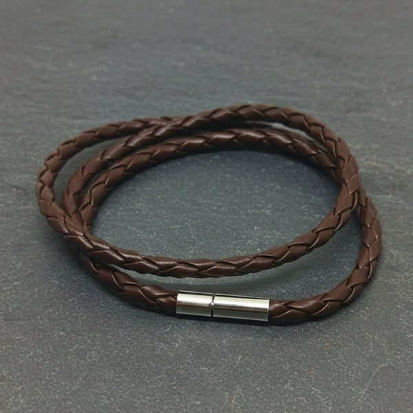 GRIMOAK TWIST - Brown 5mm Genuine Leather Bracelet with Stainless Steel Magnetic Barrel Push Clasp for Men & Boys (24 inch)