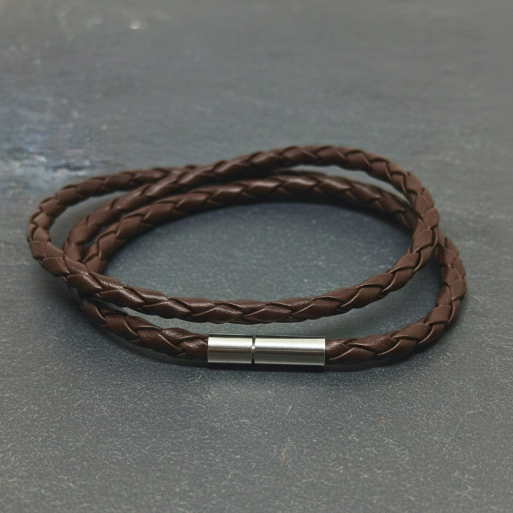 GRIMOAK TWIST - Brown 5mm Genuine Leather Bracelet with Stainless Steel Magnetic Barrel Push Clasp for Men & Boys (24 inch) - THE MEN THING