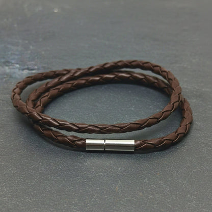 GRIMOAK TWIST - Brown 5mm Genuine Leather Bracelet with Stainless Steel Magnetic Barrel Push Clasp for Men & Boys (24 inch) - THE MEN THING