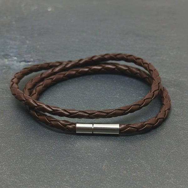 GRIMOAK TWIST - Brown 5mm Genuine Leather Bracelet with Stainless Steel Magnetic Barrel Push Clasp for Men & Boys (24 inch)