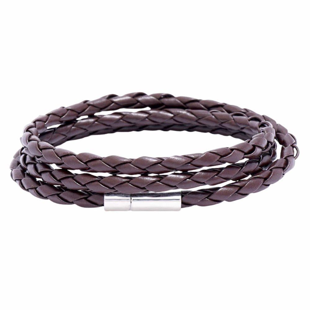 GRIMOAK TWIST - Brown 5mm Genuine Leather Bracelet with Stainless Steel Magnetic Barrel Push Clasp for Men & Boys (24 inch) - THE MEN THING
