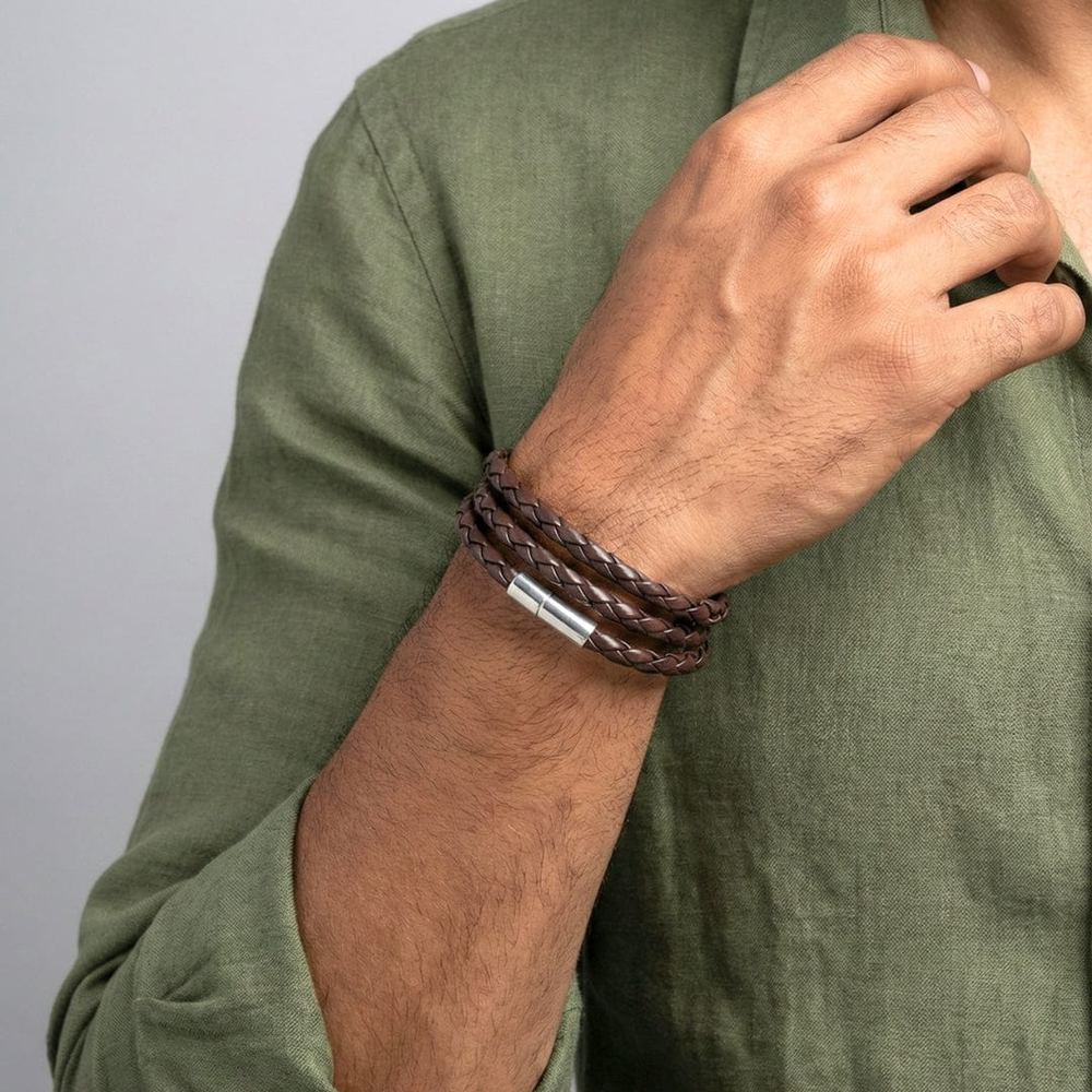 GRIMOAK TWIST - Brown 5mm Genuine Leather Bracelet with Stainless Steel Magnetic Barrel Push Clasp for Men & Boys (24 inch) - THE MEN THING