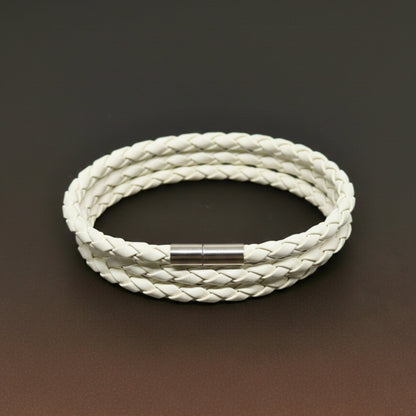 GRIMOAK TWIST - White 5mm Genuine Leather Bracelet with Stainless Steel Magnetic Barrel Push Clasp for Men & Boys (24 inch) - THE MEN THING