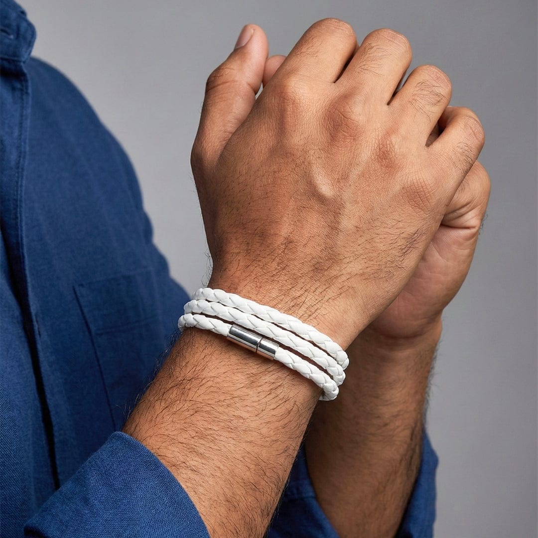 GRIMOAK TWIST - White 5mm Genuine Leather Bracelet with Stainless Steel Magnetic Barrel Push Clasp for Men & Boys (24 inch) - THE MEN THING