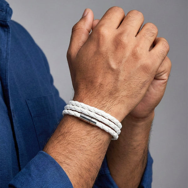 GRIMOAK TWIST - White 5mm Genuine Leather Bracelet with Stainless Steel Magnetic Barrel Push Clasp for Men & Boys (24 inch)