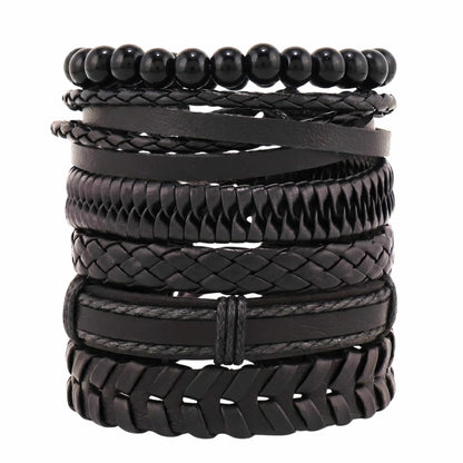 GRIT WEAVE BLACK - 6 Pcs Genuine Leather Adjustable Bracelet for Men & Boys — Leather Bracelet for Men | THE MEN THING